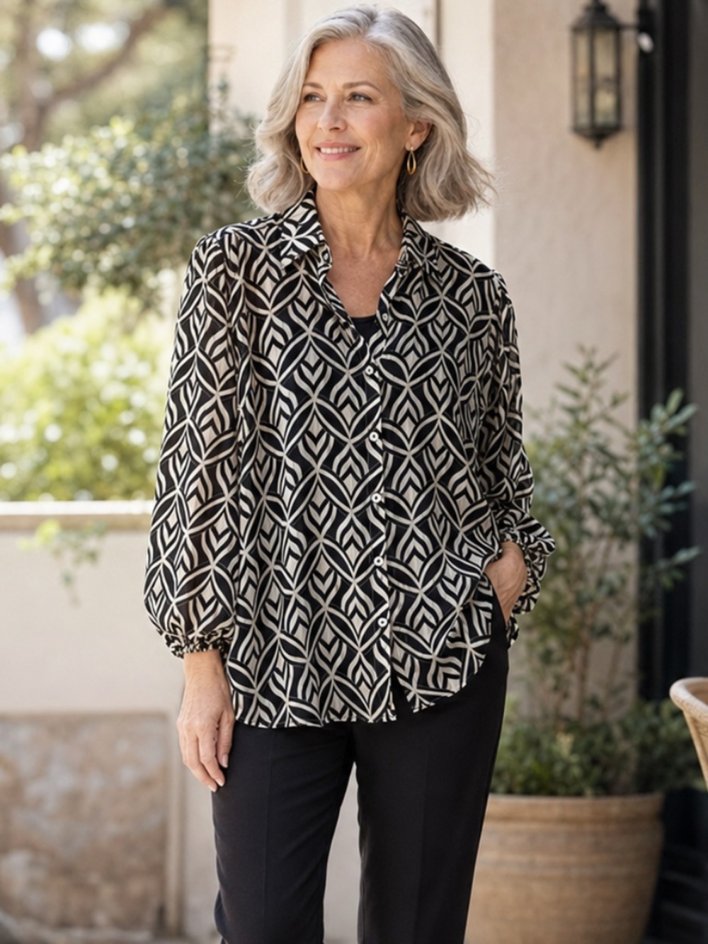 Costa Blanca Geometric Sheer Button-Up Blouse XL NWT